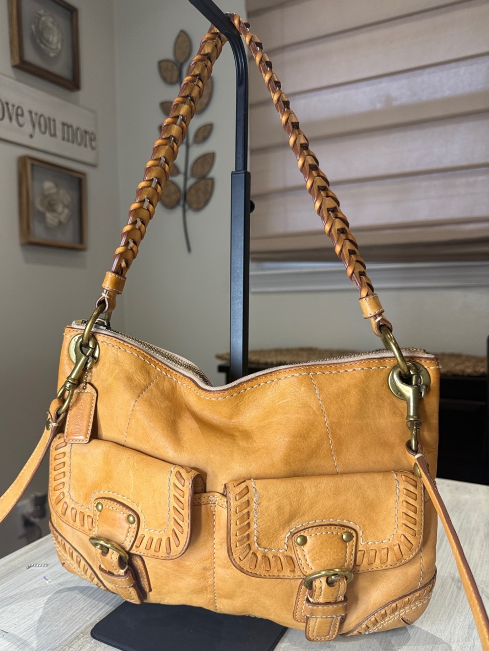 Vintage Coach Poppy Whip Stitch Honey Tan Braided-Handle Leather Crossbody Bag